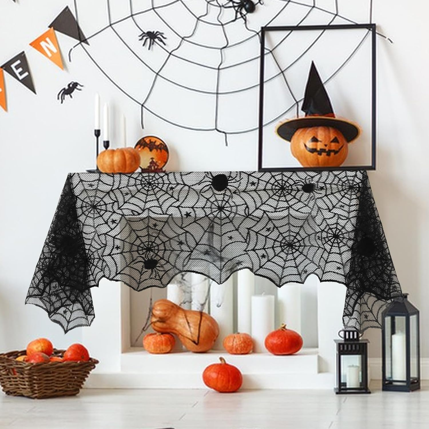 (135x180cm) Spinnen Netz Tuch Halloween Türvorhang Party Deko Kaminschal - Schwarz