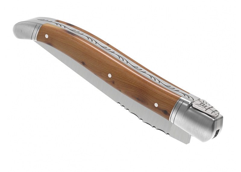 Couteau Laguiole avec un manche en bois de genévrier et 2 mitres en acier inoxydable