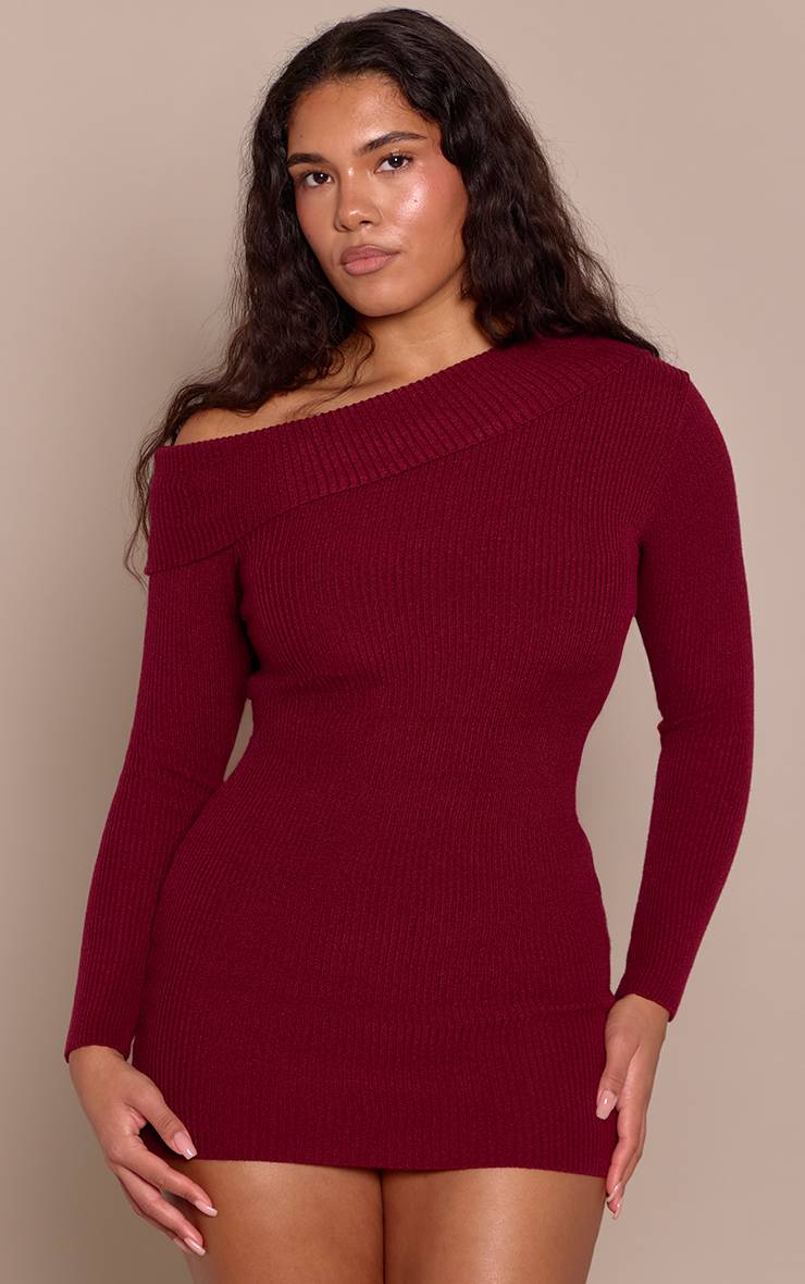 Rouge Bordeaux Robe Moulante En Maille Shape Bordeaux À Épaules Dénudées Avec Col Replié