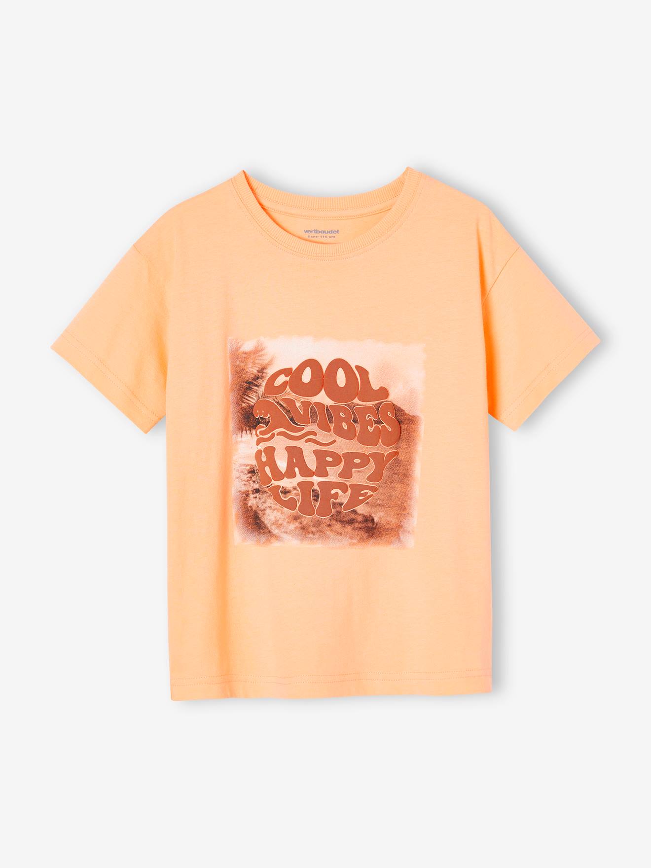 Camiseta com estampa fotográfica e texto em relevo para menino, cor damasco.