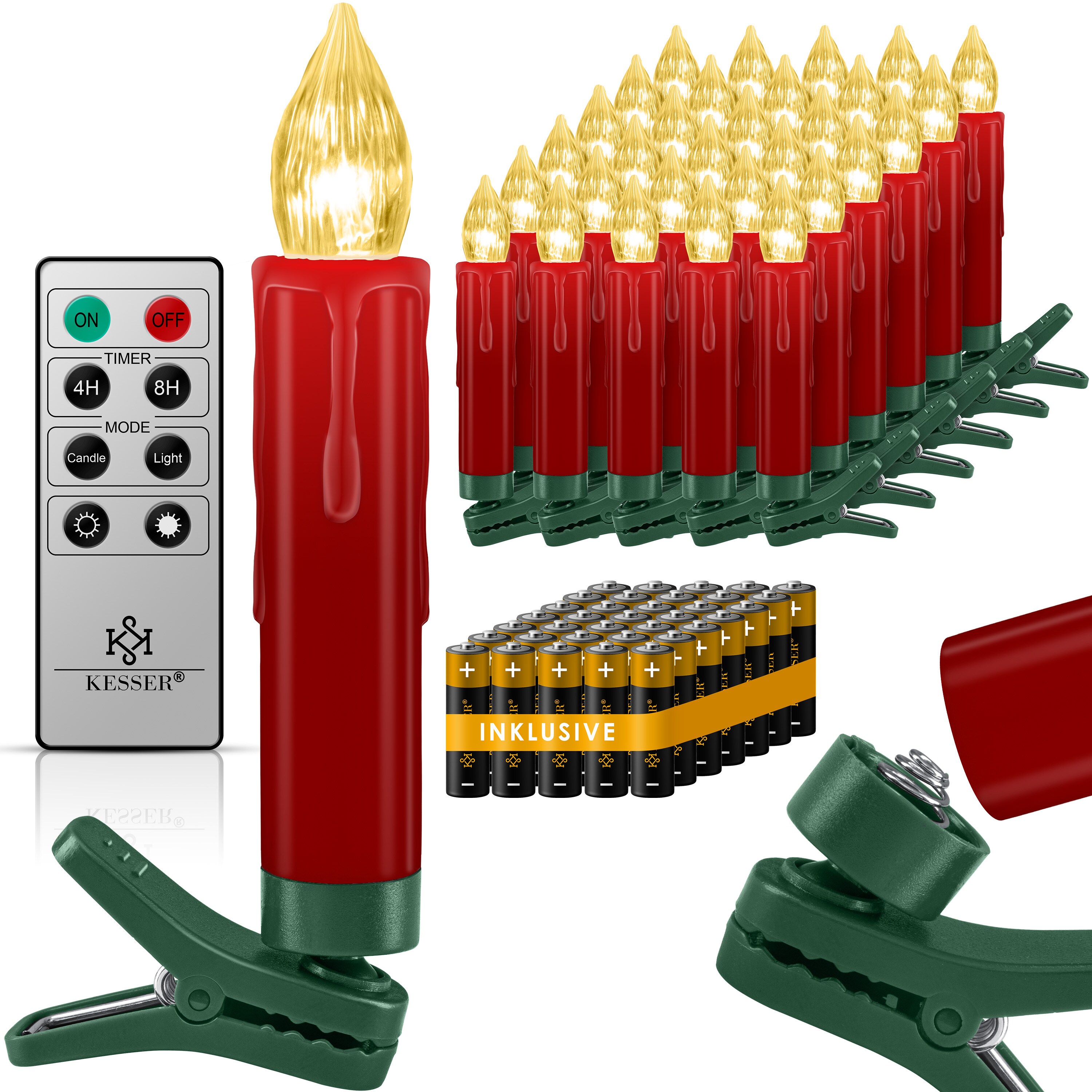 KESSER® Weihnachtsbaumkerzen 20 LED Inkl. Batterien Kabellos - Warmweiß - mit Fernbedienung Funk - Timerfunktion - Flackern - Dimmbar Weihnachtskerzen Christbaumkerzen Befestigungsklammern Kerzen