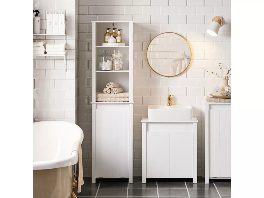 SoBuy BZR102-W Meuble Colonne de Salle de Bain, Armoire Haute, Colonne de Rangement, Meuble Salle de Bain, 3 Étagères, 1 Panier à Linge Amovible