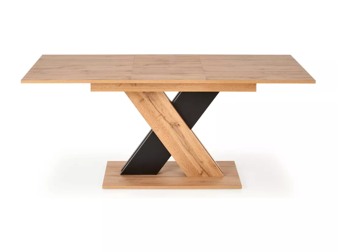 Table de salle à manger extensible avec pied central bicolore et plateau aspect chêne APODIS