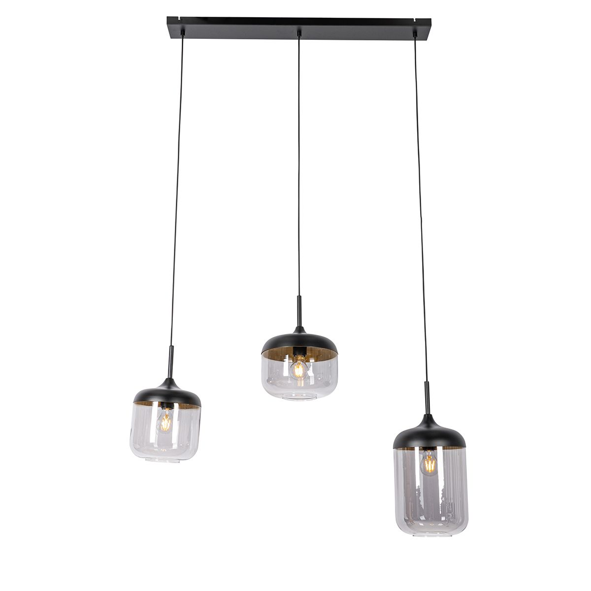 Design hanglamp zwart met goud en smoke glas 3-lichts - Kyan