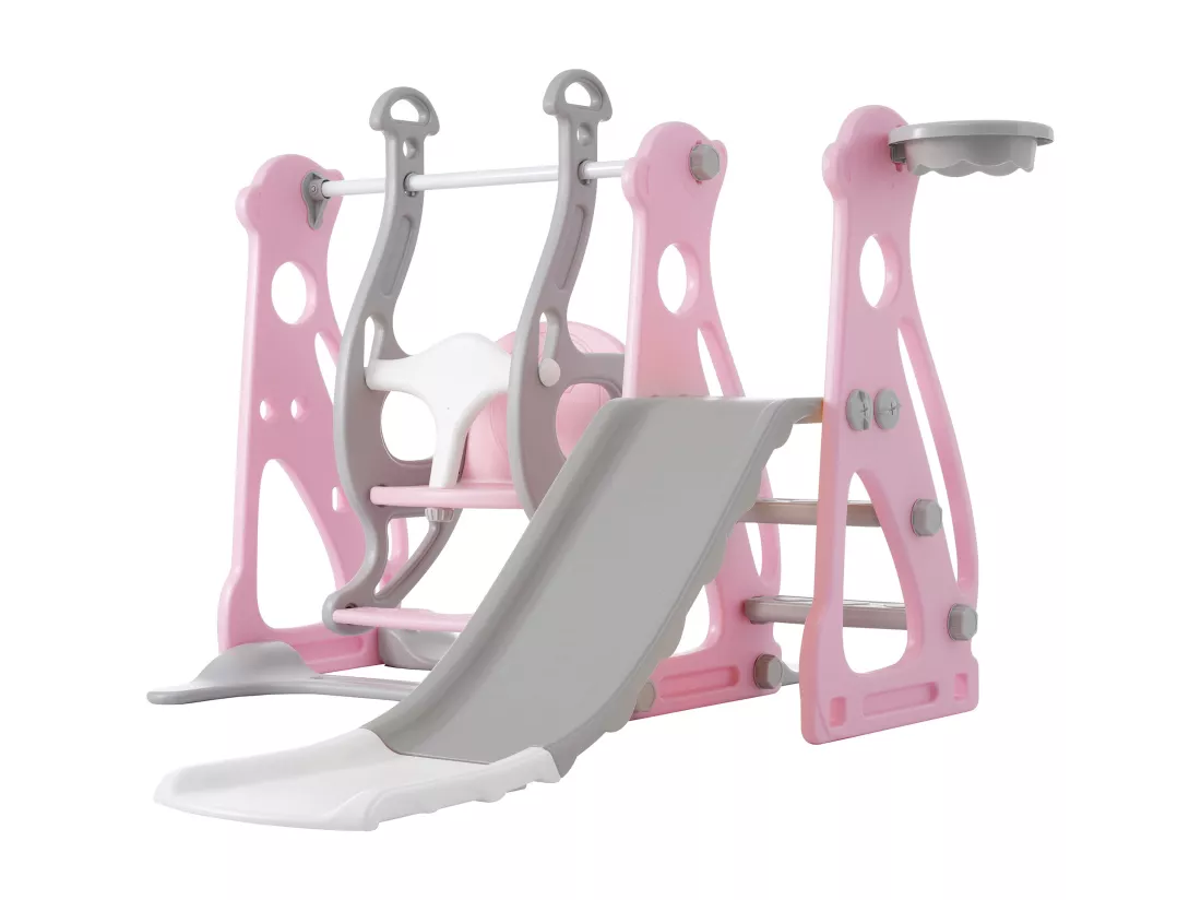 Toboggan balançoire 4 en 1 pour enfants - 113 x 100 x 94cm - en HDPE - avec escaliers et cadre de basket - Rose