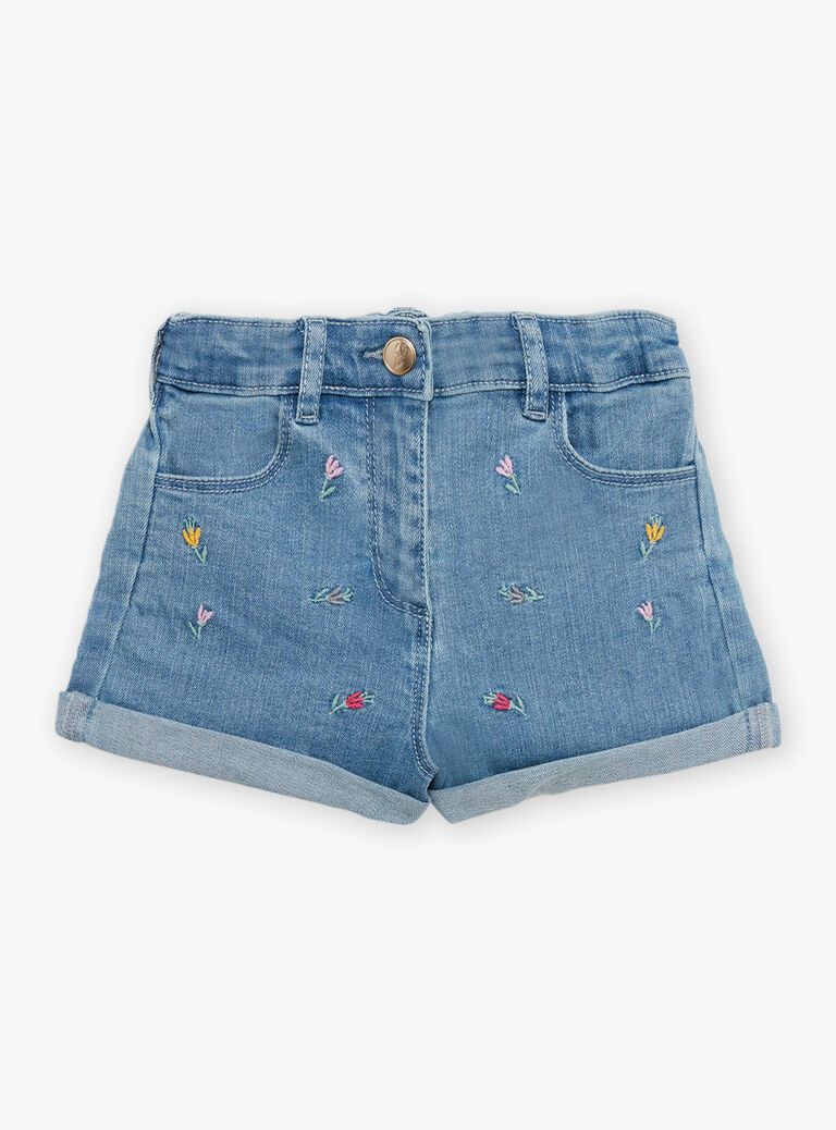 Short en jean bleu à motif fleurs