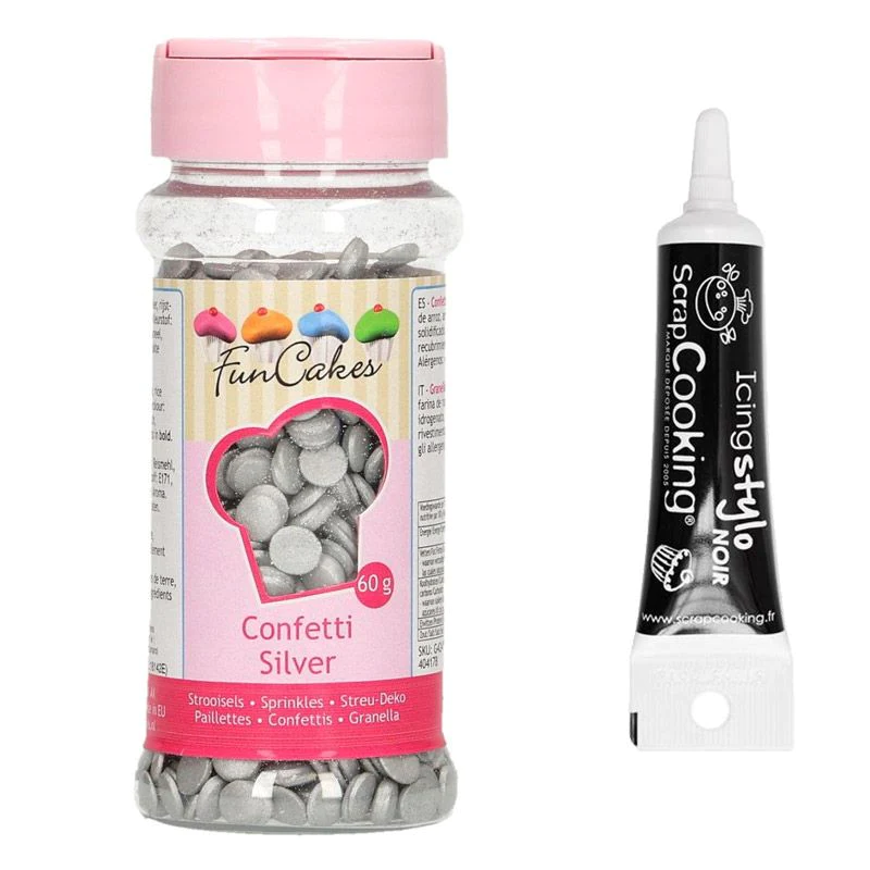 Décors sucrés confettis argentés 60 g + Stylo glaçage noir Youdoit