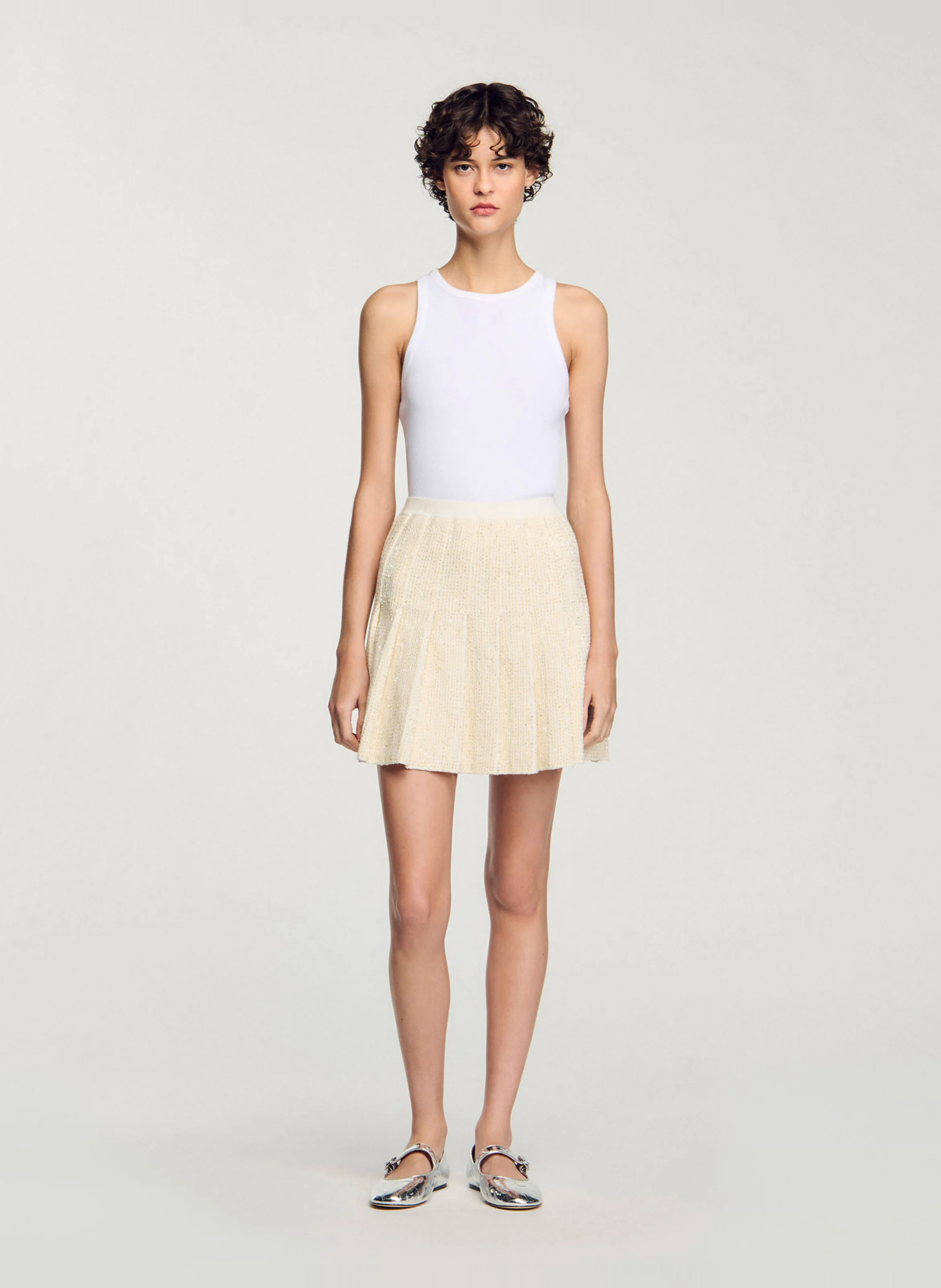 Jupe courte plissée en tweed à sequins | Blanc