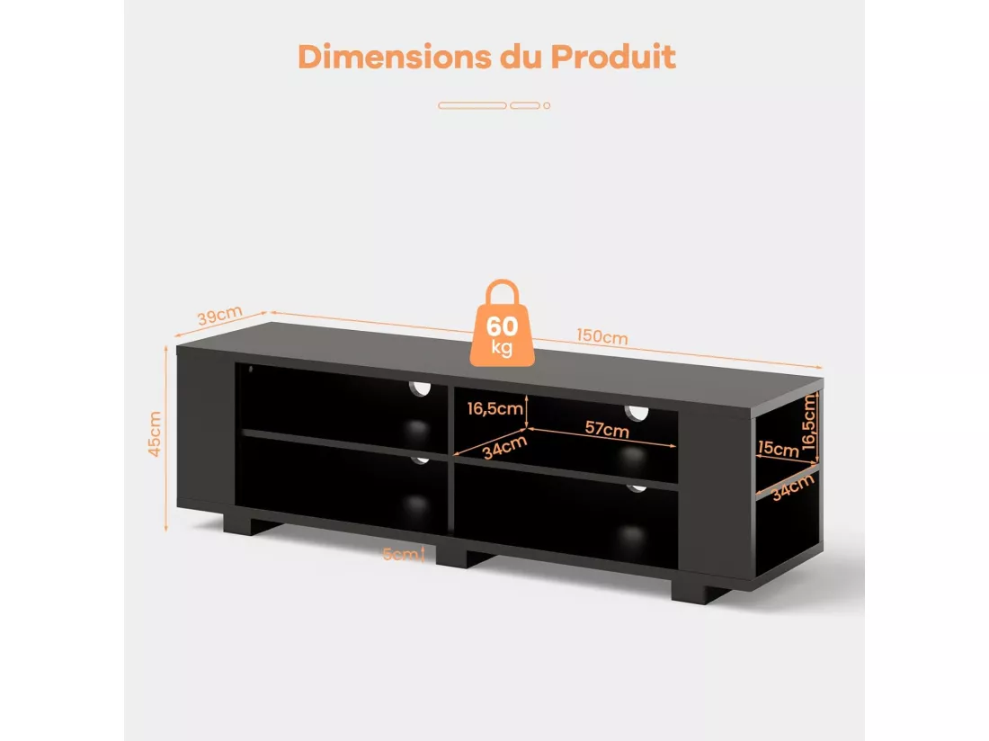 Meuble TV avec 6 Compartiments, Banc TV pour TV Jusqu'à 65 Pouces, 4 Trous de Gestion des Câbles, Étagères Réglables, pour Salon, Chambre, 150 x 39 x 45 cm (Noir)