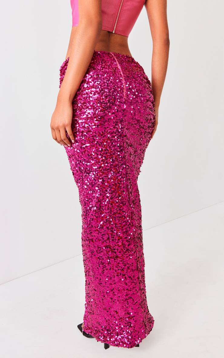 Rose Vif Jupe Longue À Taille Froncée Ornée De Sequins