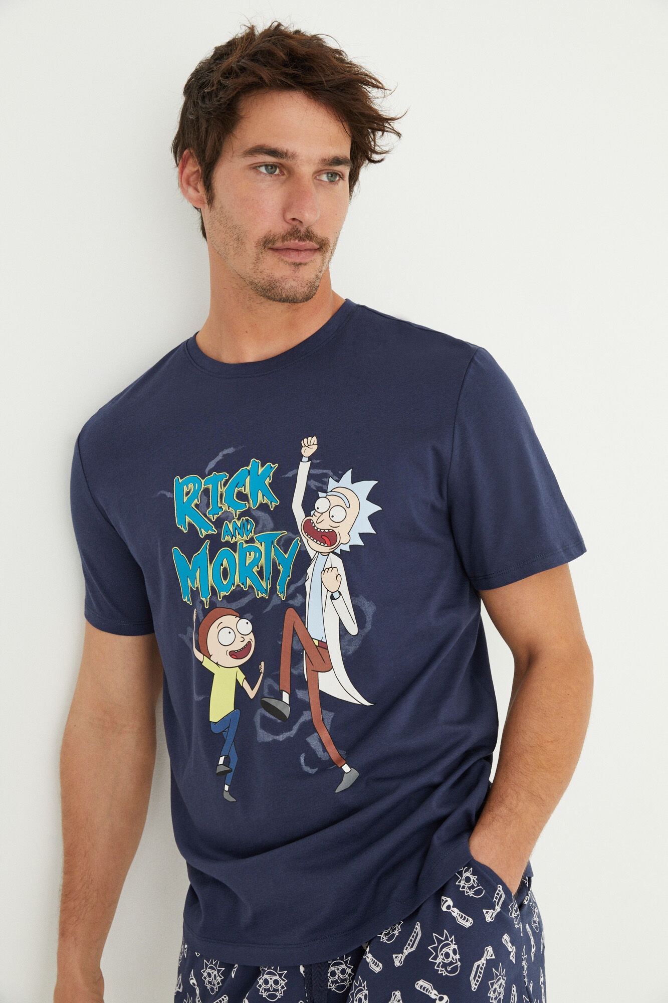 Pijama curto masculino 100% algodão Rick y Morty - azul
