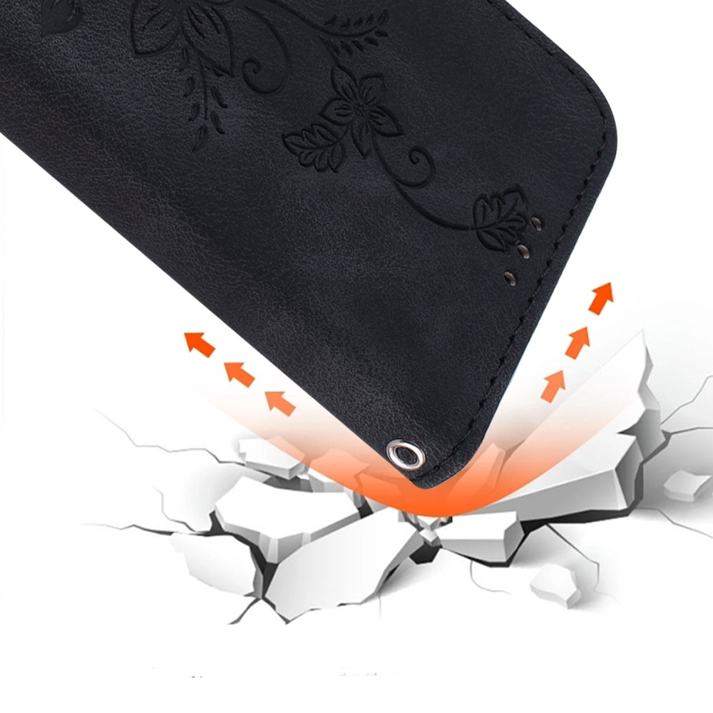 Samsung Galaxy S25 Ultra Leder Tasche Wallet - Blumen Imprint - Schwarz