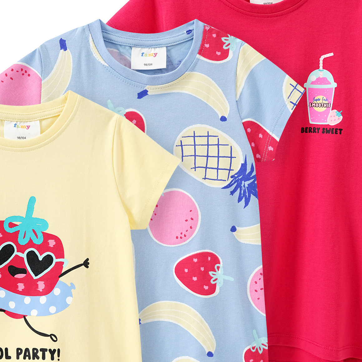 Famy 3 Mädchen T-Shirts mit bunten Motiven hellgelb / rot / hellblau