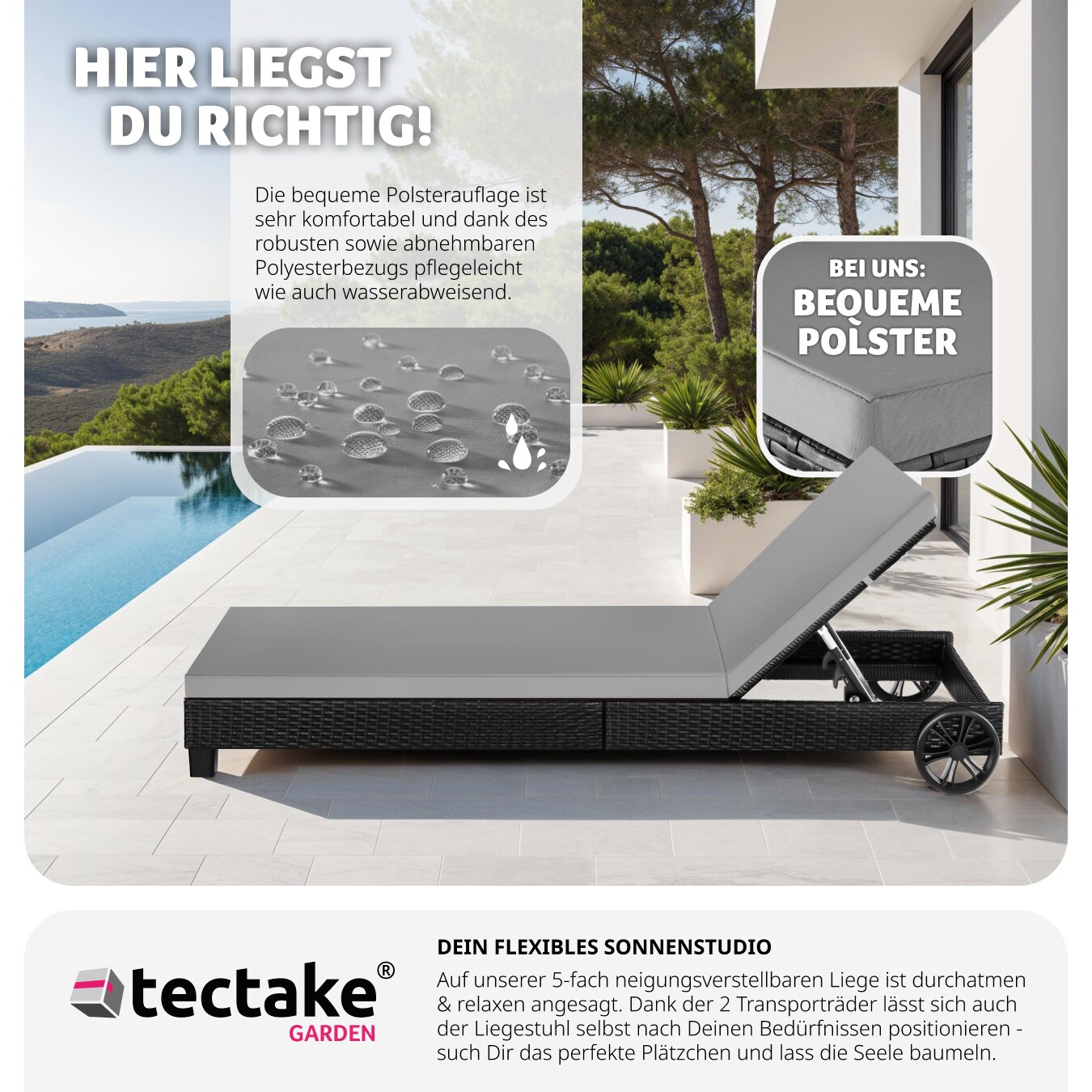 tectake® Rattan Sonnenliege, mit Aluminiumgestell, 5-fach verstellbare Rückenlehne, Belastbarkeit 150 kg, 66 x 185 x 24,5 cm