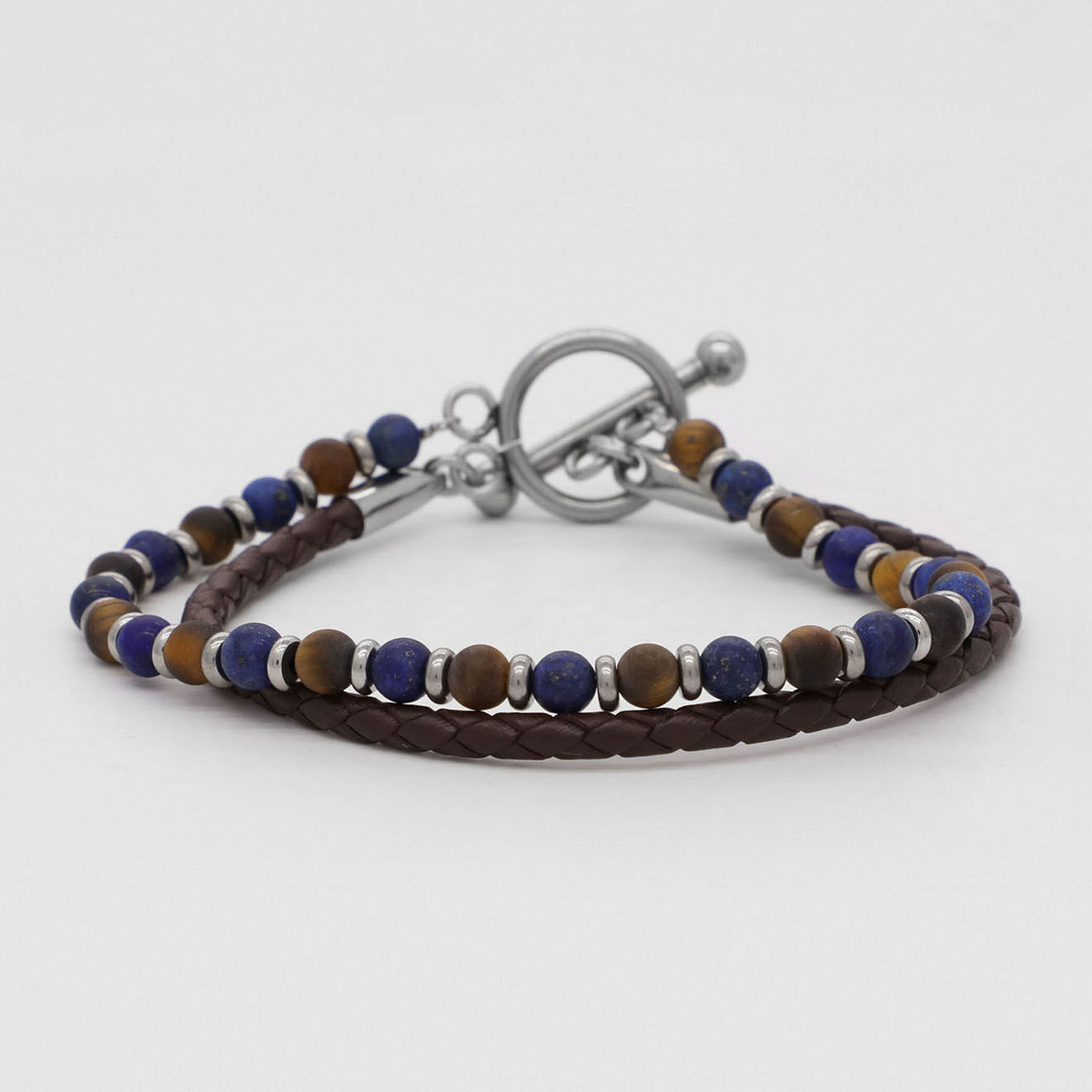 Jacobson Bracelet double Danuta en Acier, Cuir & Pierres bleu/marron