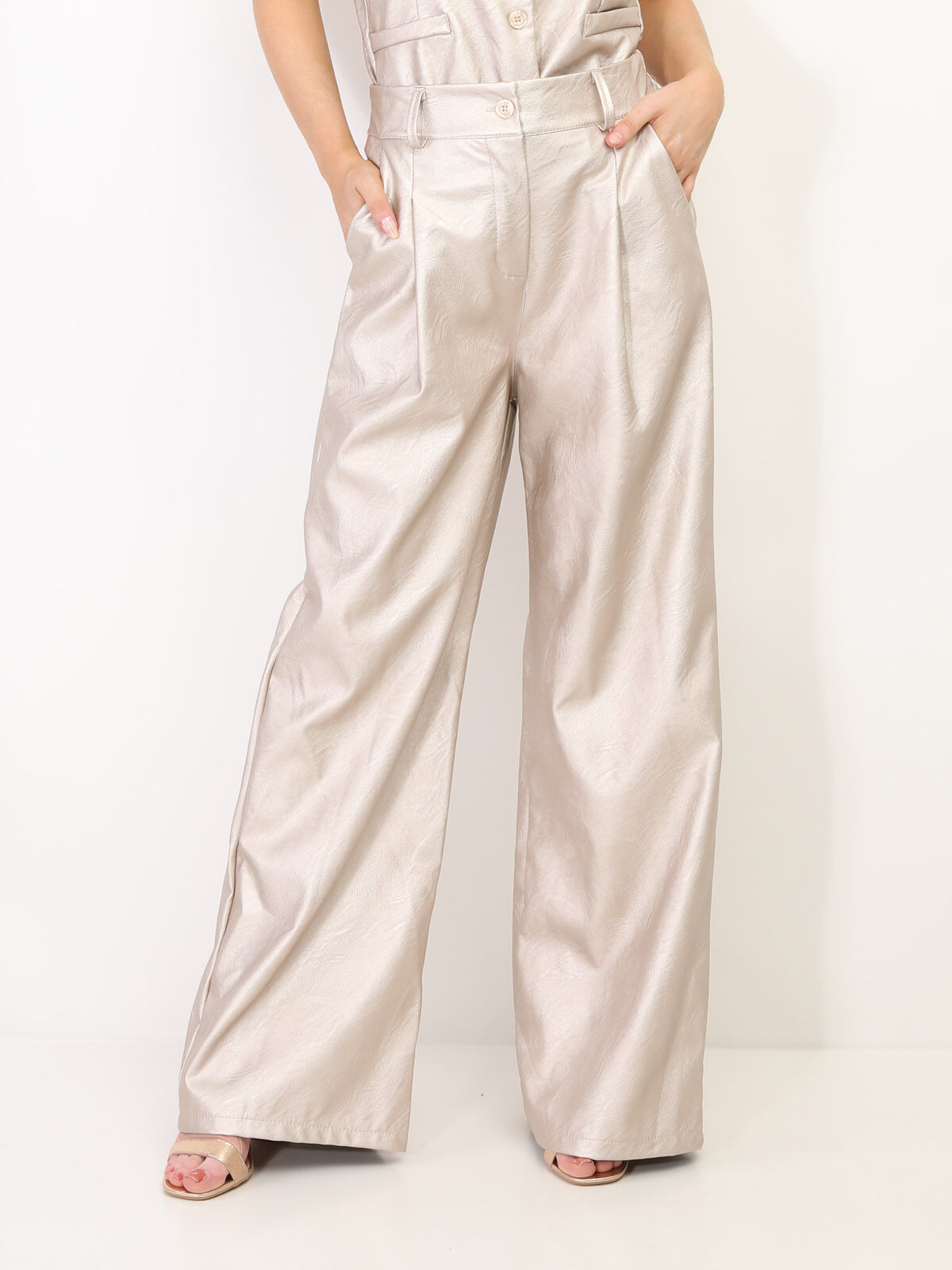 Pantalon large en simili- Beige