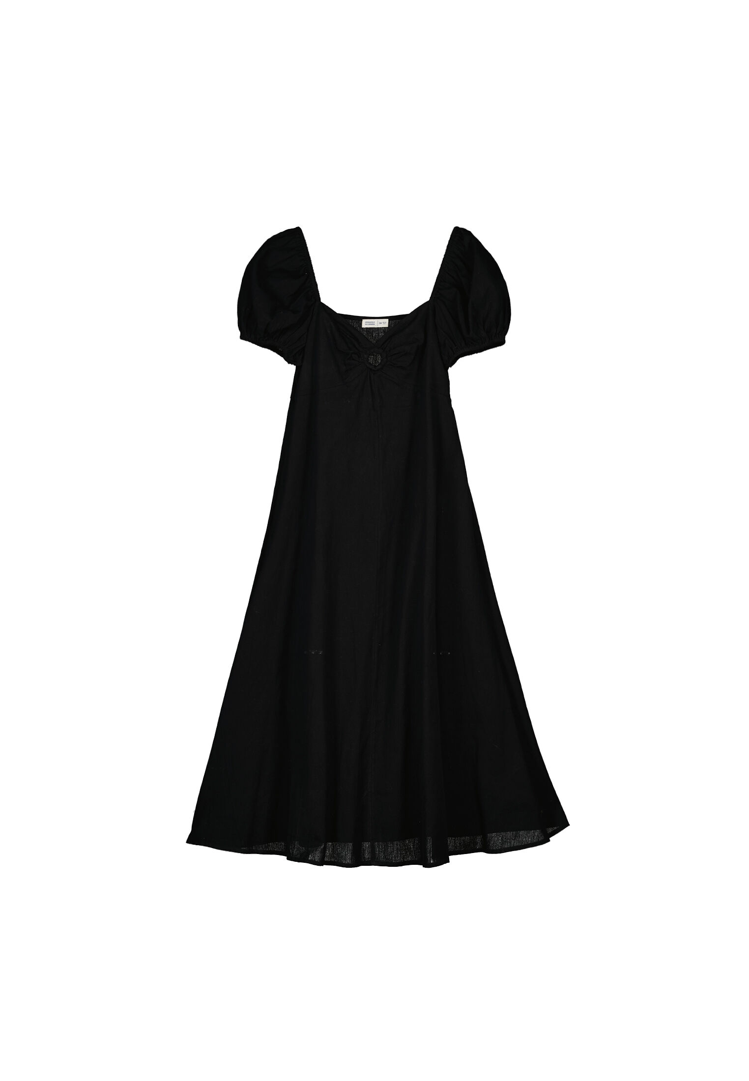 Vestido midi com recortes no decote, em mistura de linho e algodão - Preto
