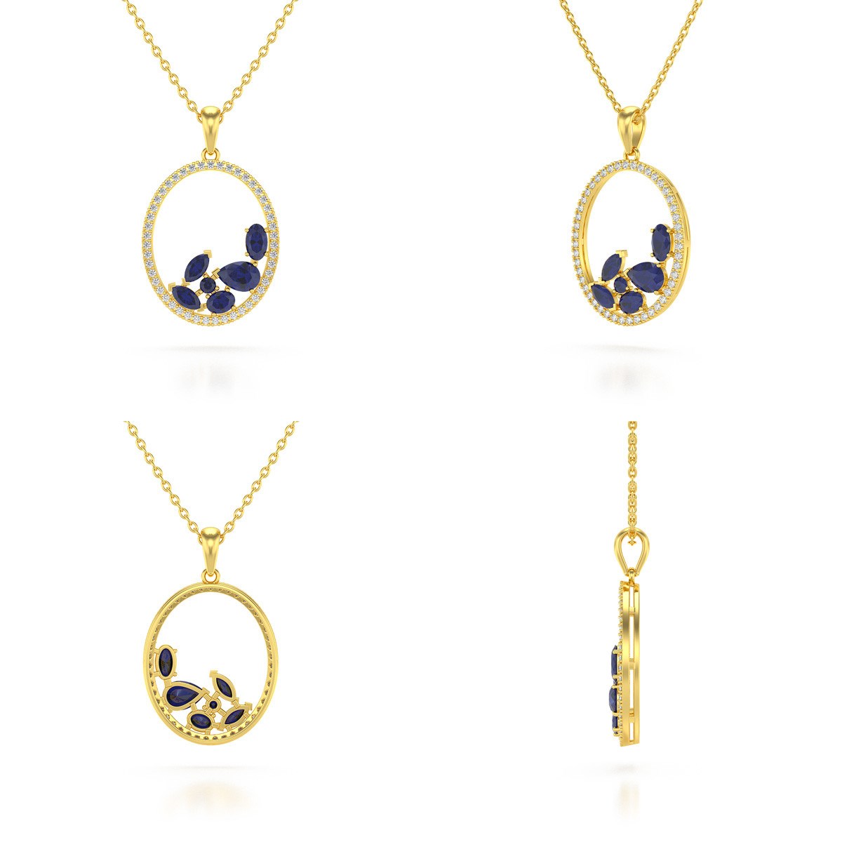 Collier Pendentif en Or Jaune 585 et Saphir et Diamants d'Aden | Chaine Or Incluse
