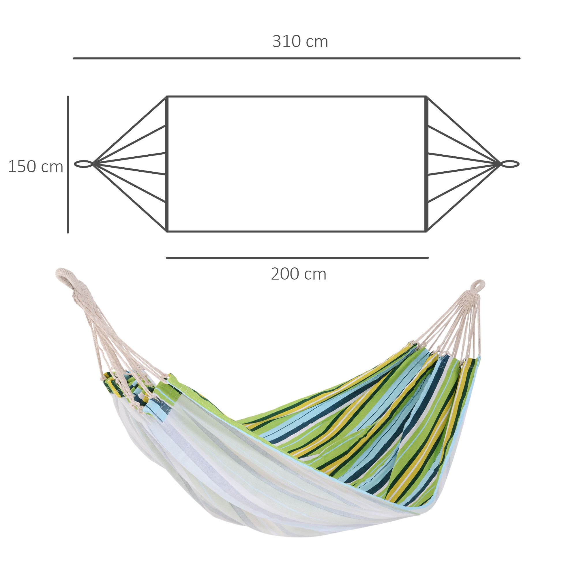 Rede de algodão Outsunny para jardim, 200x150 cm, rede suspensa portátil, carga máxima de 180 kg, ideal para camping, piscina e camping, com listras multicoloridas.