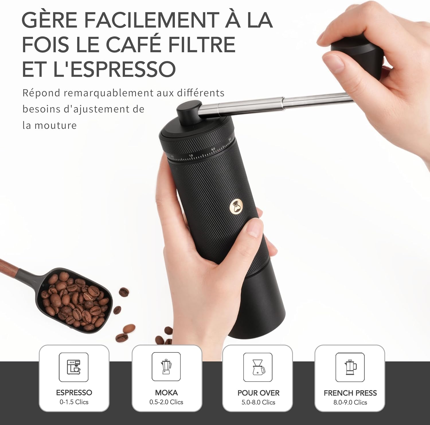 Manuelle Kaffeemühle S3 TIMEMORE, Numerisch Einstellbare Feinheit, Klappgriff, Upgrade Integriertes Vollmetallgehäuse, Espresso Moka Pour Over French Coffee, Schwarz