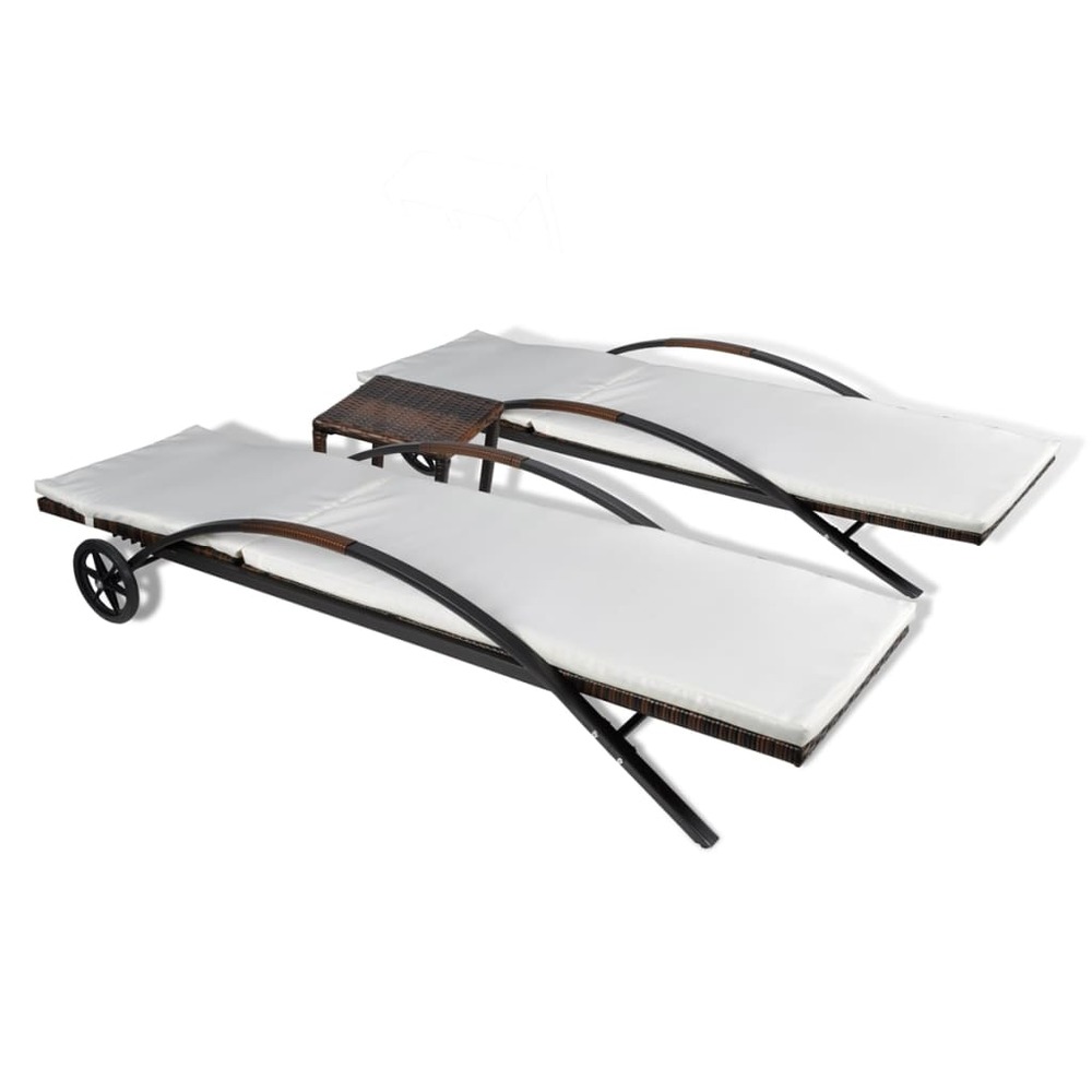 Lot de deux chaises longues transat 200 cm avec table résine tressée marron