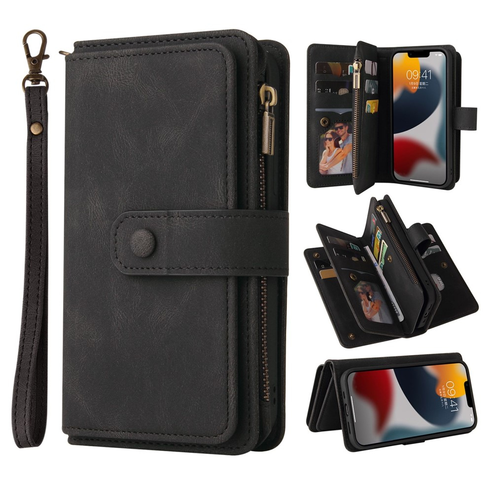 iPhone 14 Leder Wallet Etui Tasche mit 13 Kartenfächern   Münzfach - Schwarz