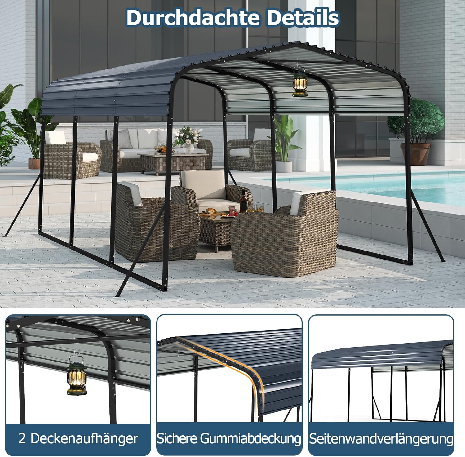 COSTWAY Carport Zeltgarage 440 x 300 cm, Garagezelt wasserdicht mit Metallrahmen & 4 zusätzlichen Schrägbeinen, Auto Unterstand groß, Lagerzelt, Partyzelt für Auto, SUV, LKW, Boot