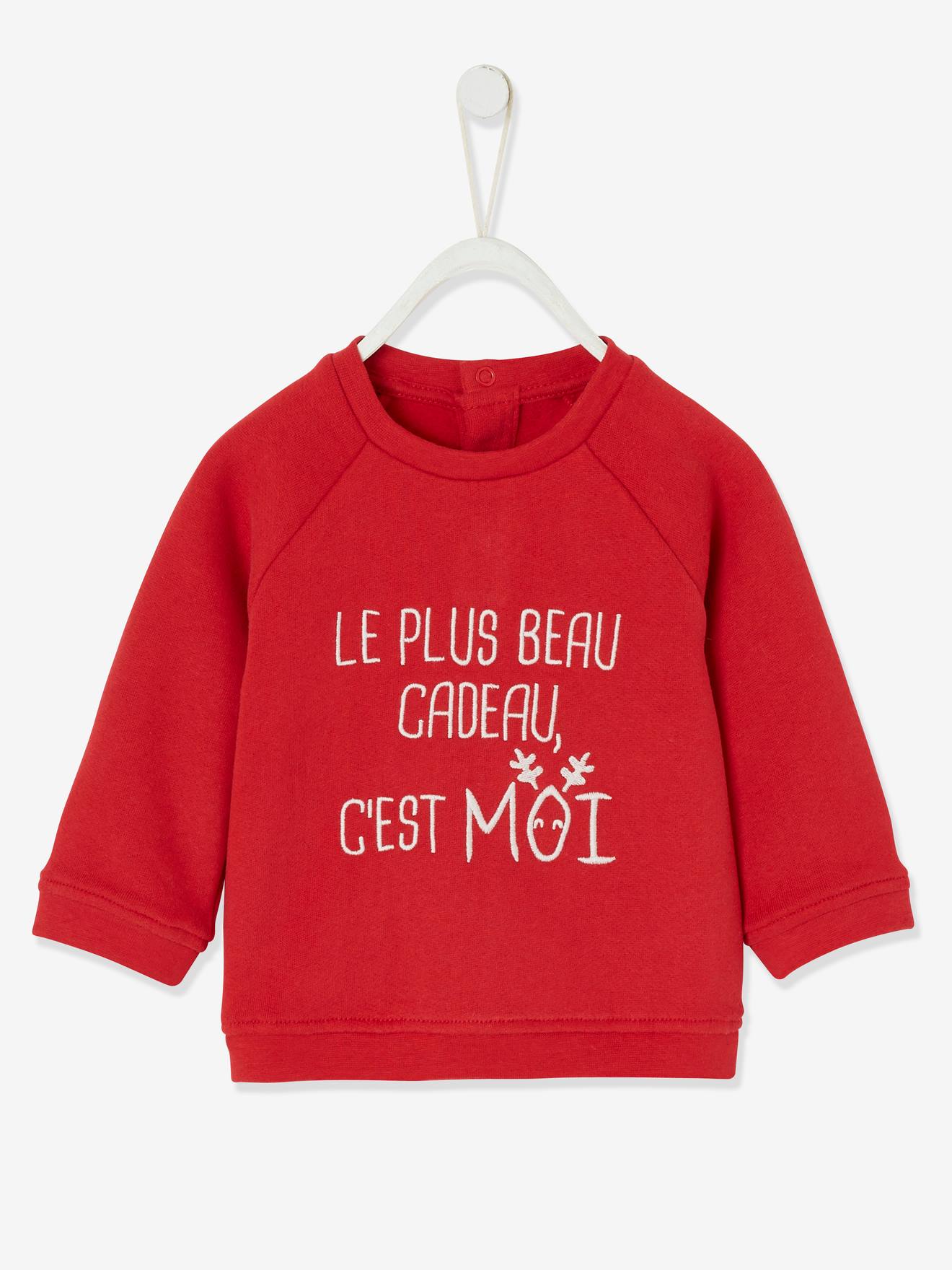 Moletom natalino com mensagem, para bebê menino, vermelho escuro liso com estampas.