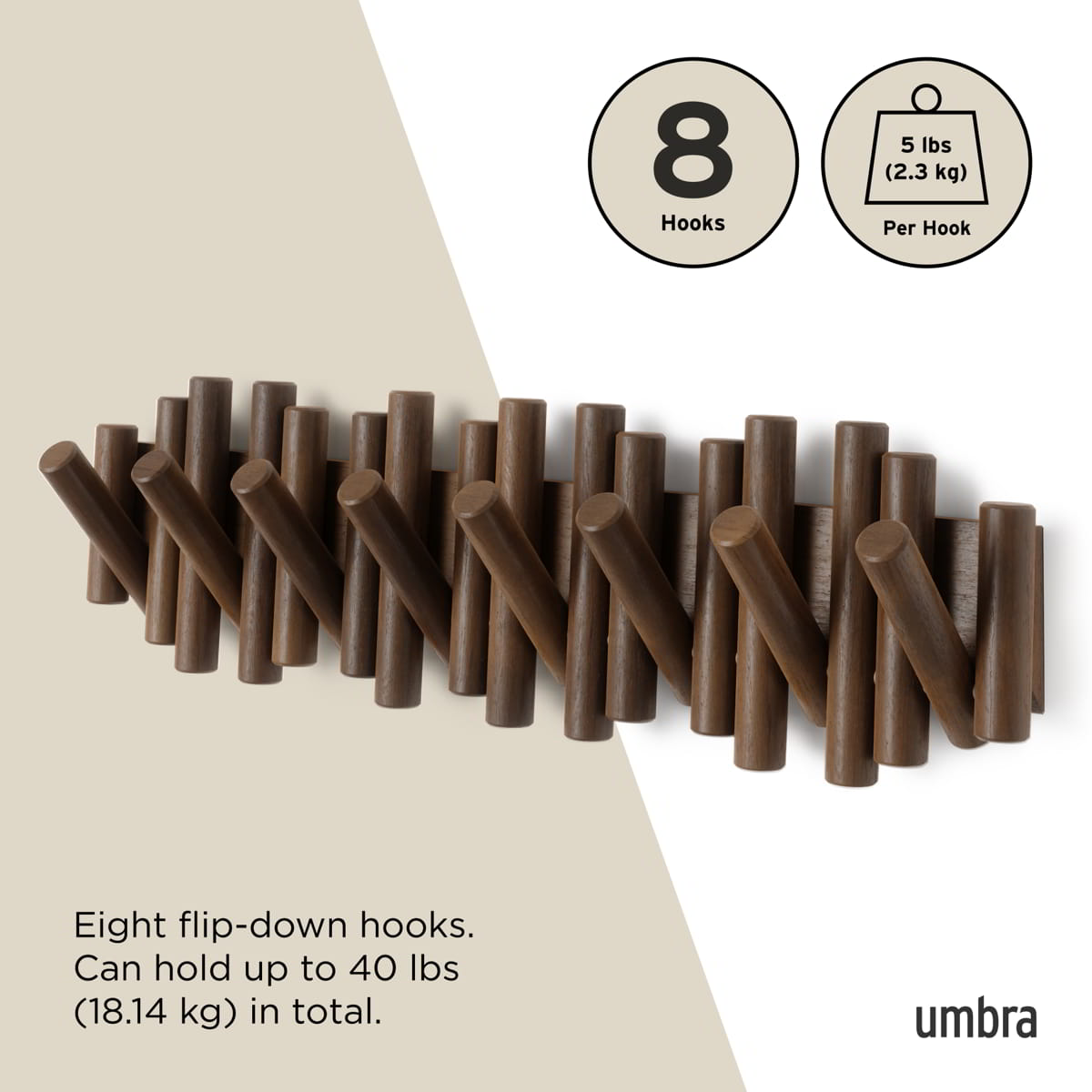 Wandkapstok Umbra Picket 8 haken Walnoot hout