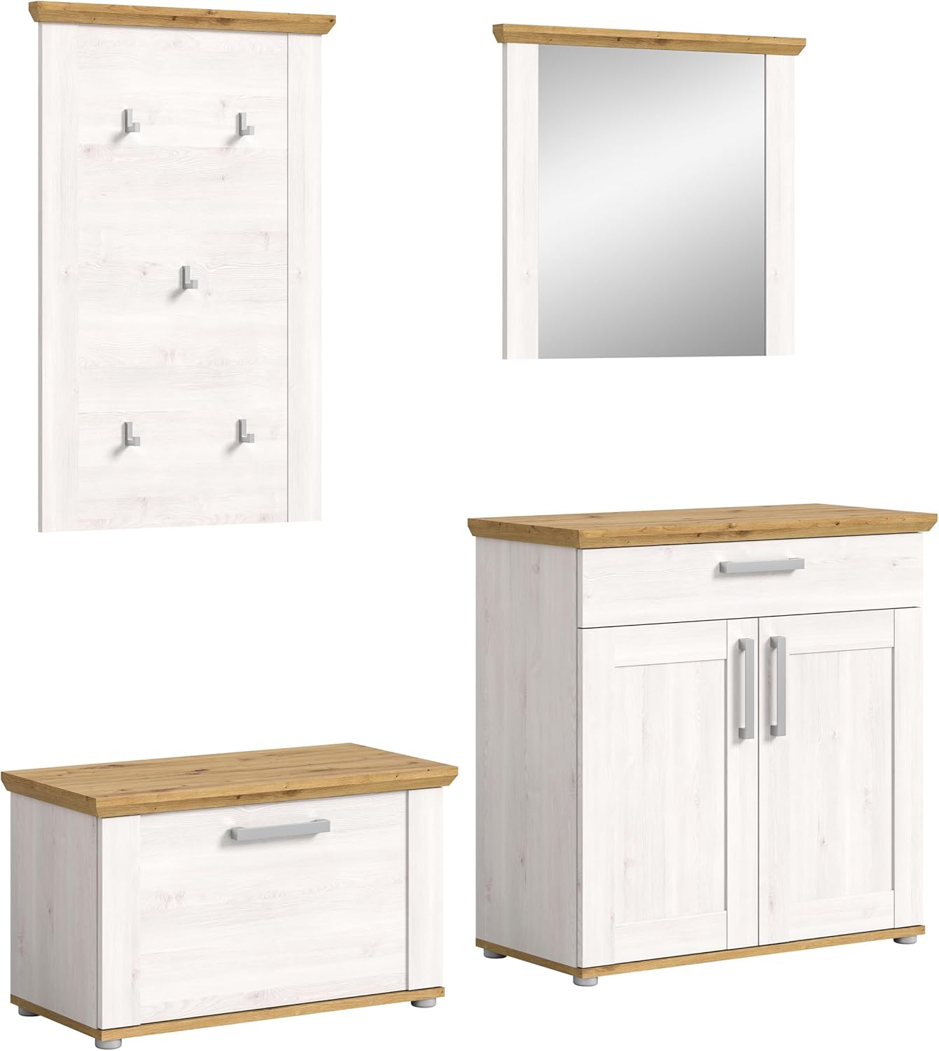 xonox.home Garderobe Verona 4tlg. Set Garderobenkombination Garderobenschrank Garderobenmöbel Flurmöbel-Set Flursystem Stauraumlösung in Sibiu Lärche Nb. Absetzung Artisan Eiche Nb.