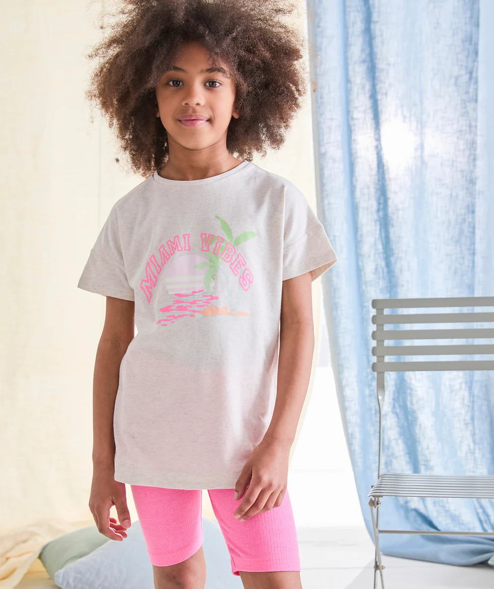 pyjama fille en fibres recyclés rose et gris motif miami