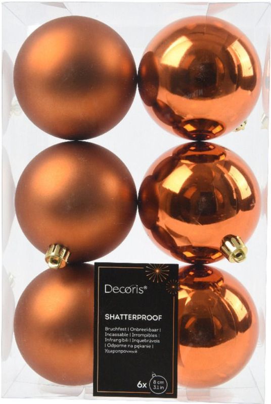 Kerstballen - Koper/Cognac Bruin - Set van 6 - Kunststof - Diameter 8 cm