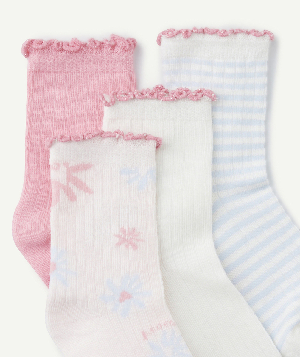 LOT DE 4 CHAUSSETTES HAUTES FILLE ROSE ET BLANC AVEC BORDS FESTONNÉS