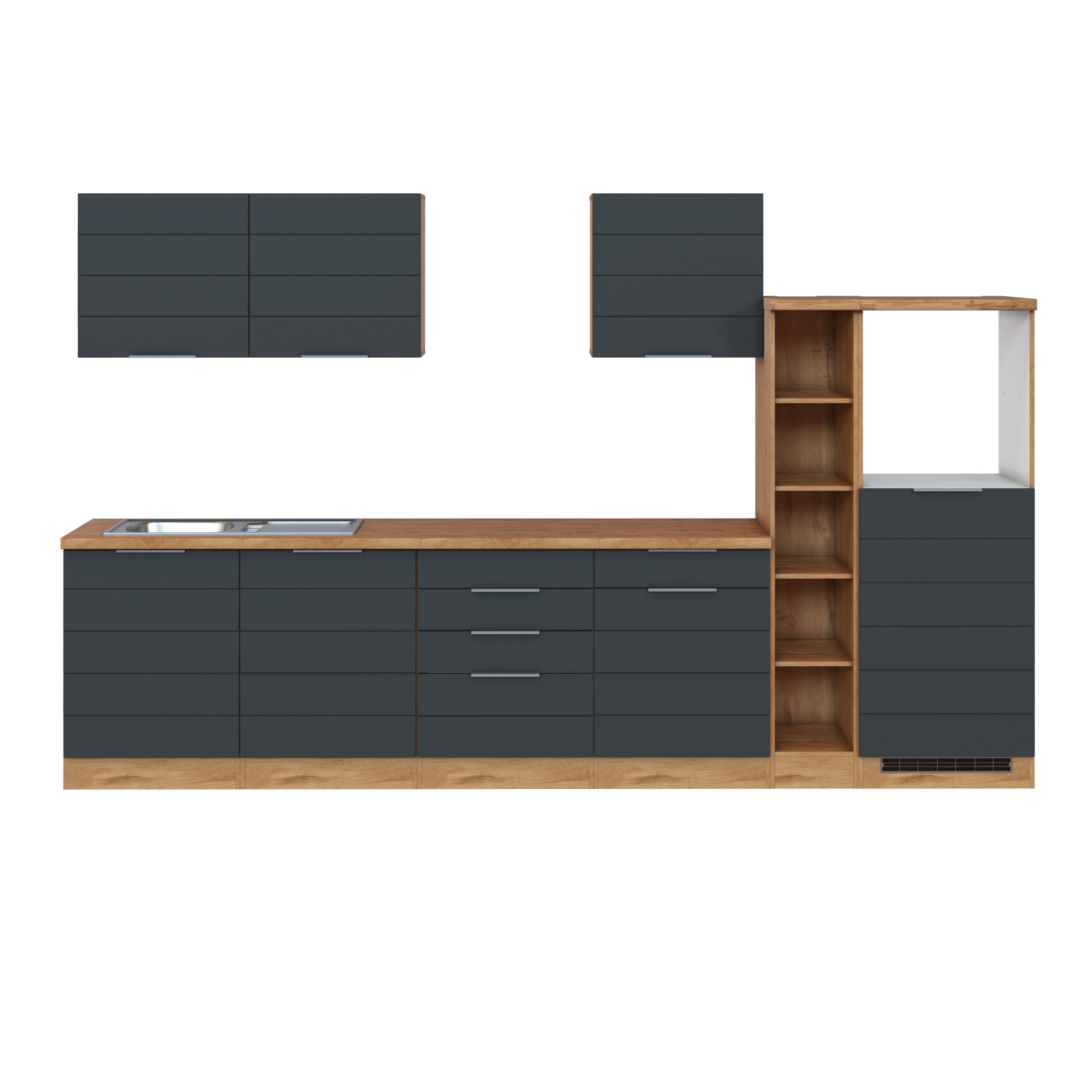 Küchenblock FLORENZ - grau matt-Wotan Eiche - Kochfeldumbau - mit Geschirrspülerfront - 330 cm