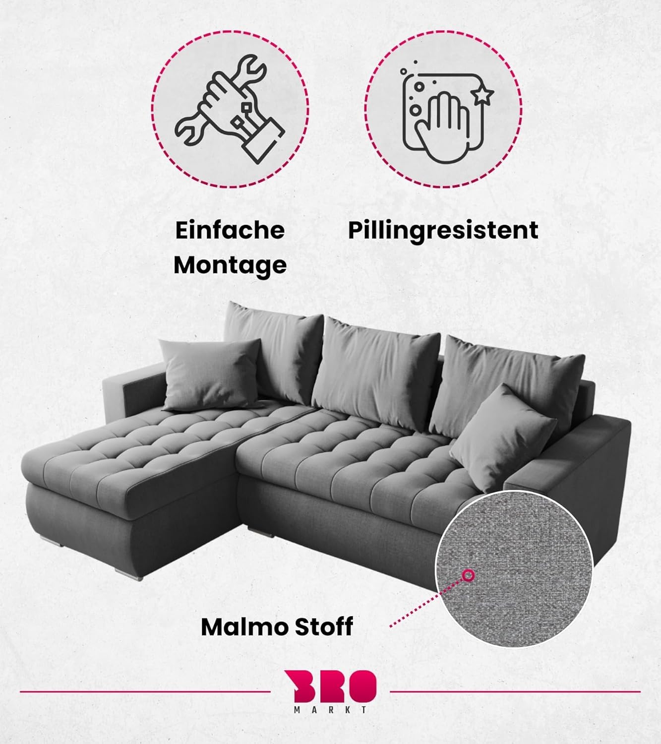 BROMARKT Sofa mit Schlaffunktion Ecksofa L-Form Schlafsofa Couch Bettkasten Wohnzimmer Möbel LUIS Couch 3 Sitzer Bett mit Bezugbehalter 238x150x72 Hellgrau