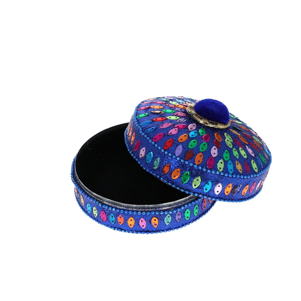 Grande boîte indienne ronde pompon bleu Pondie Chérie