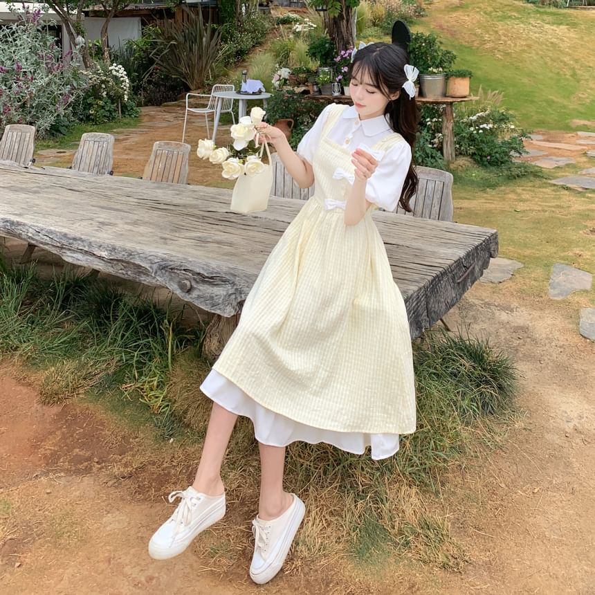 JVL - Mock Two-Piece Short-Mouw Bow Accent Midi A-lijn Jurk