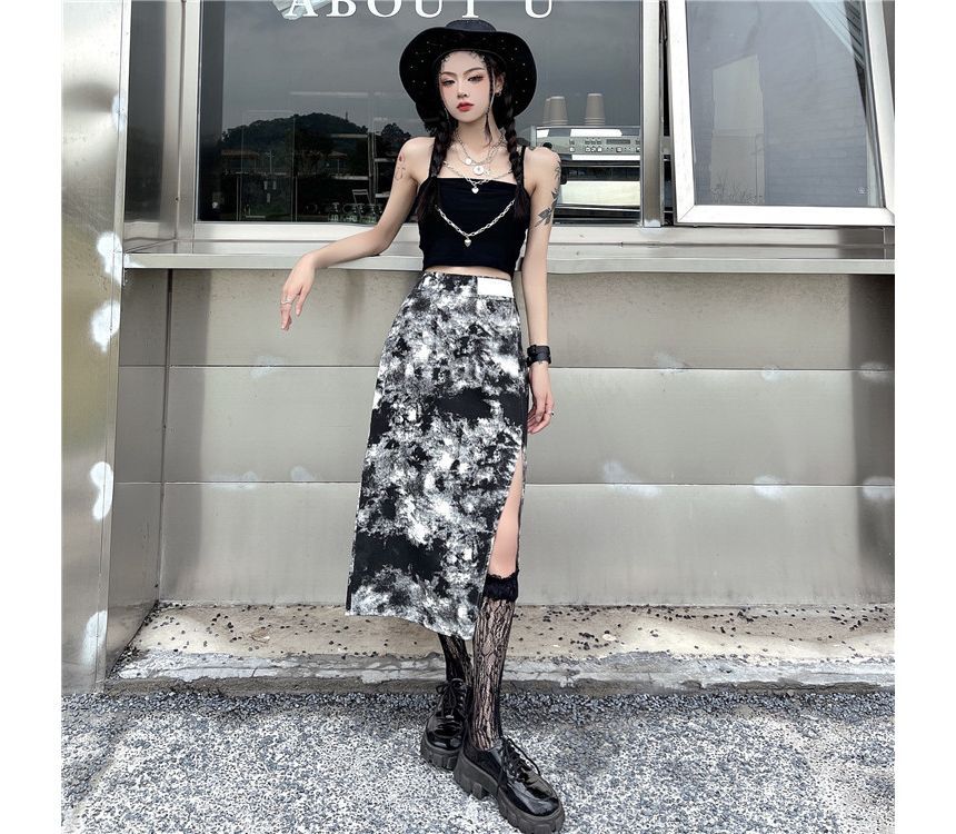 Doowex - High Rise Tie Dye Chain Accent Slit Midi Pencil Skirt
