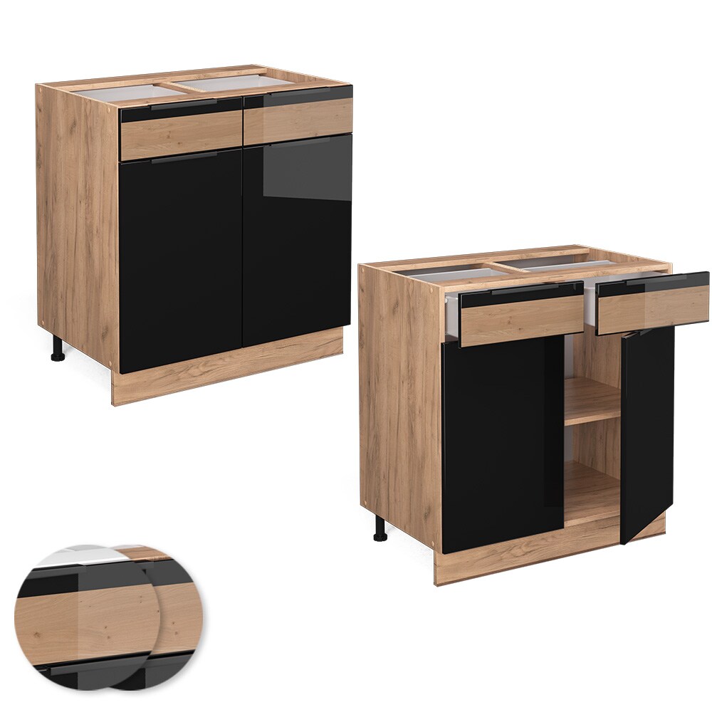 Vicco Schubunterschrank Küchenschrank Küchenmöbel Fame-Line Eiche Schwarz 80 cm modern Hochglanz