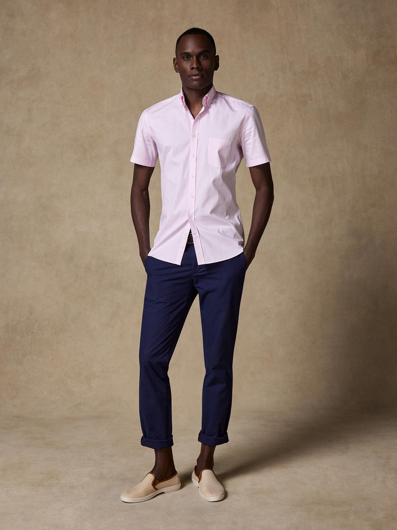 Chemise manches courtes en pin point rose - Col Boutonné