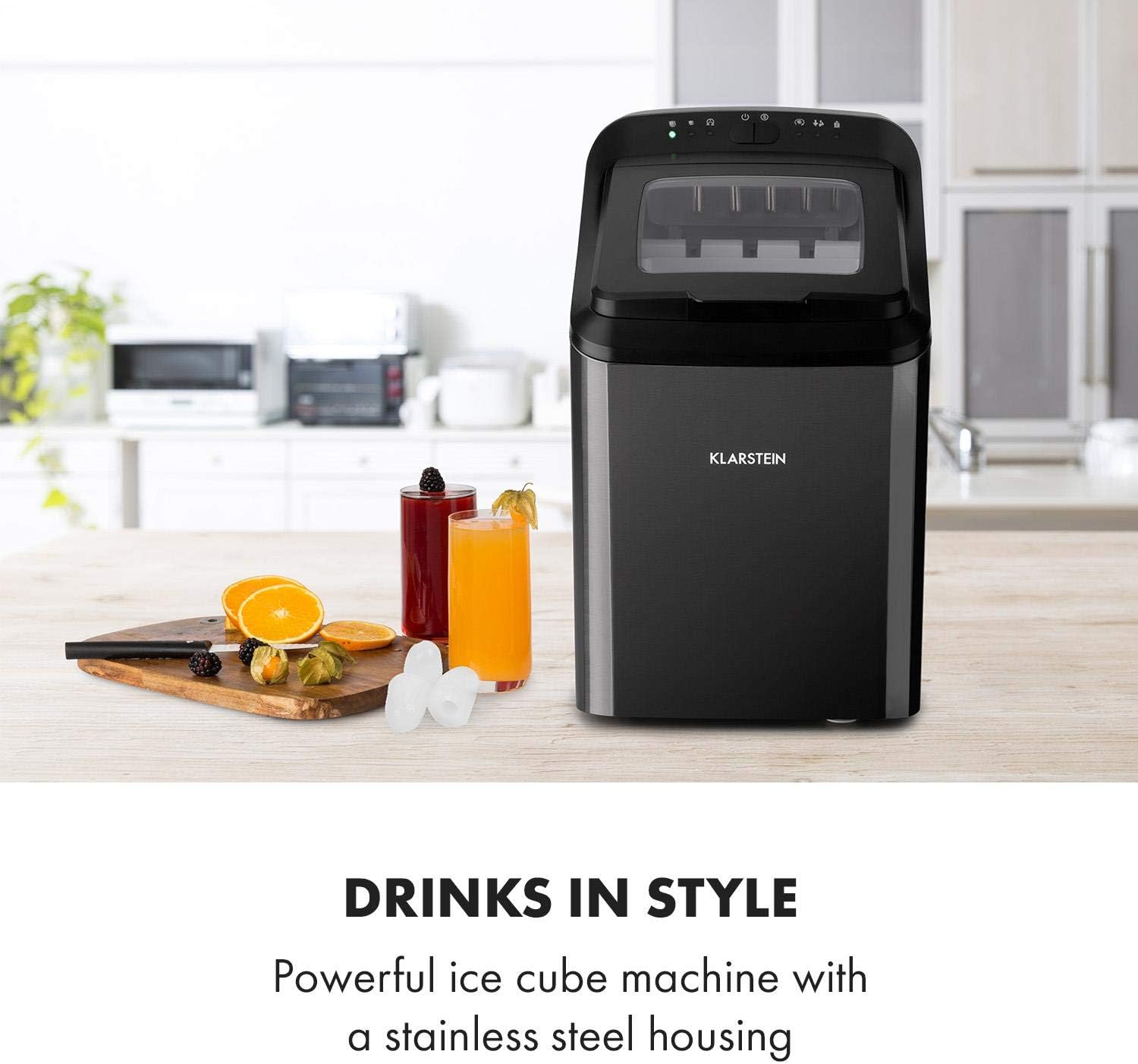 Klarstein Eiswürfelmaschine Klein, 2,9 L Eiswürfelbereiter, Eiswürfelmaschine für 15 kg Große und Kleine Eiswürfel, Schnelle Mini-Eiswürfelmaschine, Eiswürfelbereiter Selbstreinigend