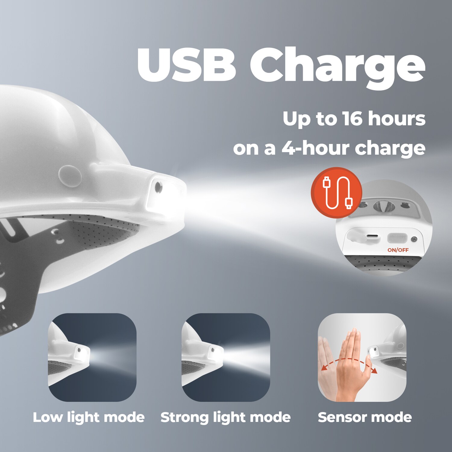 Mustbau MBU-ZC111-WHI Bauhelm,Schutzhelm,Arbeitshelm,Bauarbeiterhelm, USB-Ladegerät-Licht, 53-62cm Einstellbar