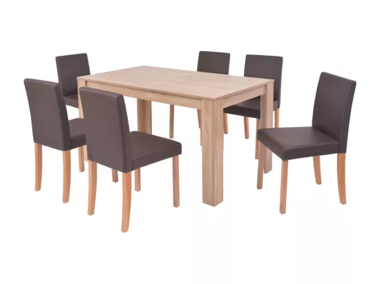 Table et chaises 7 pcs Cuir synthétique Chêne Marron