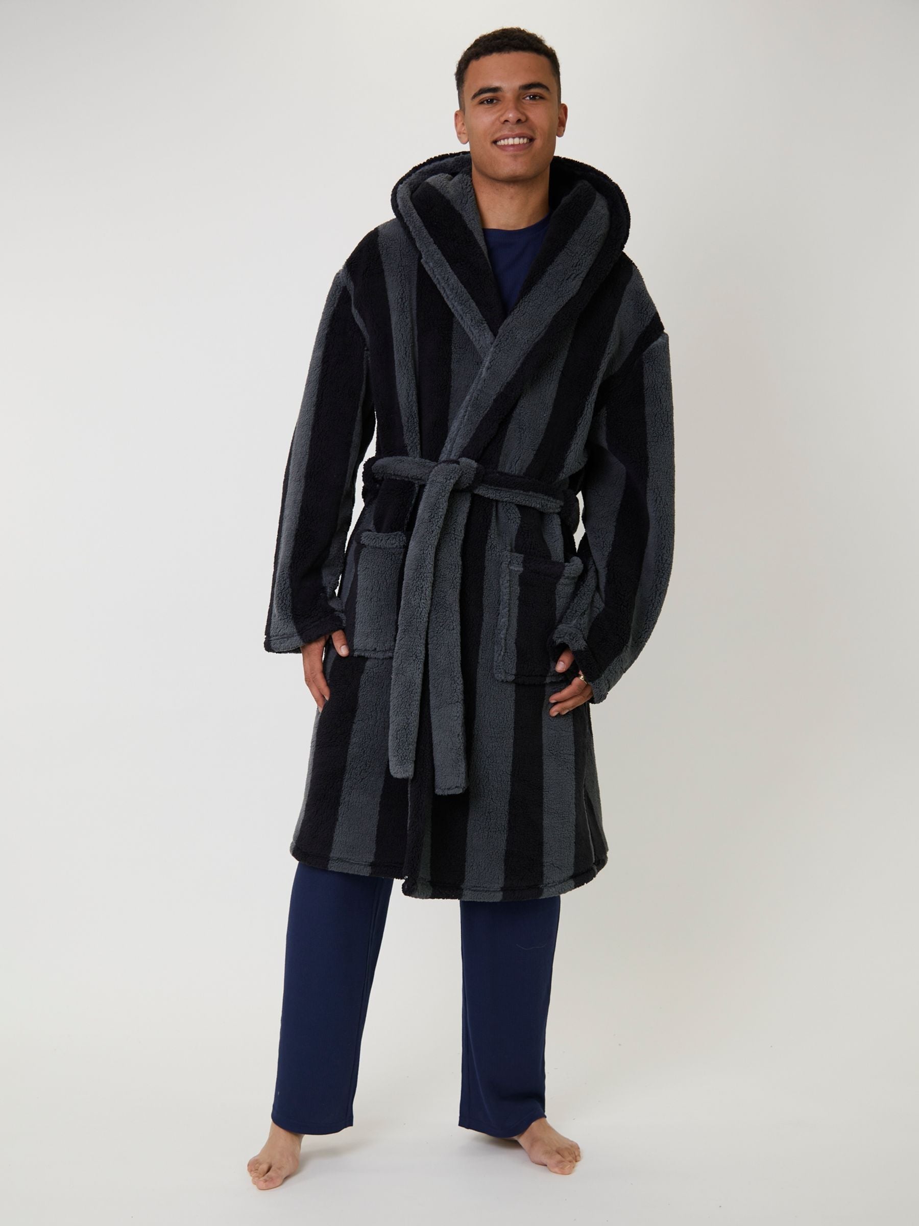 Loungeable Stripe Sherpa Hooded Dressing Gown