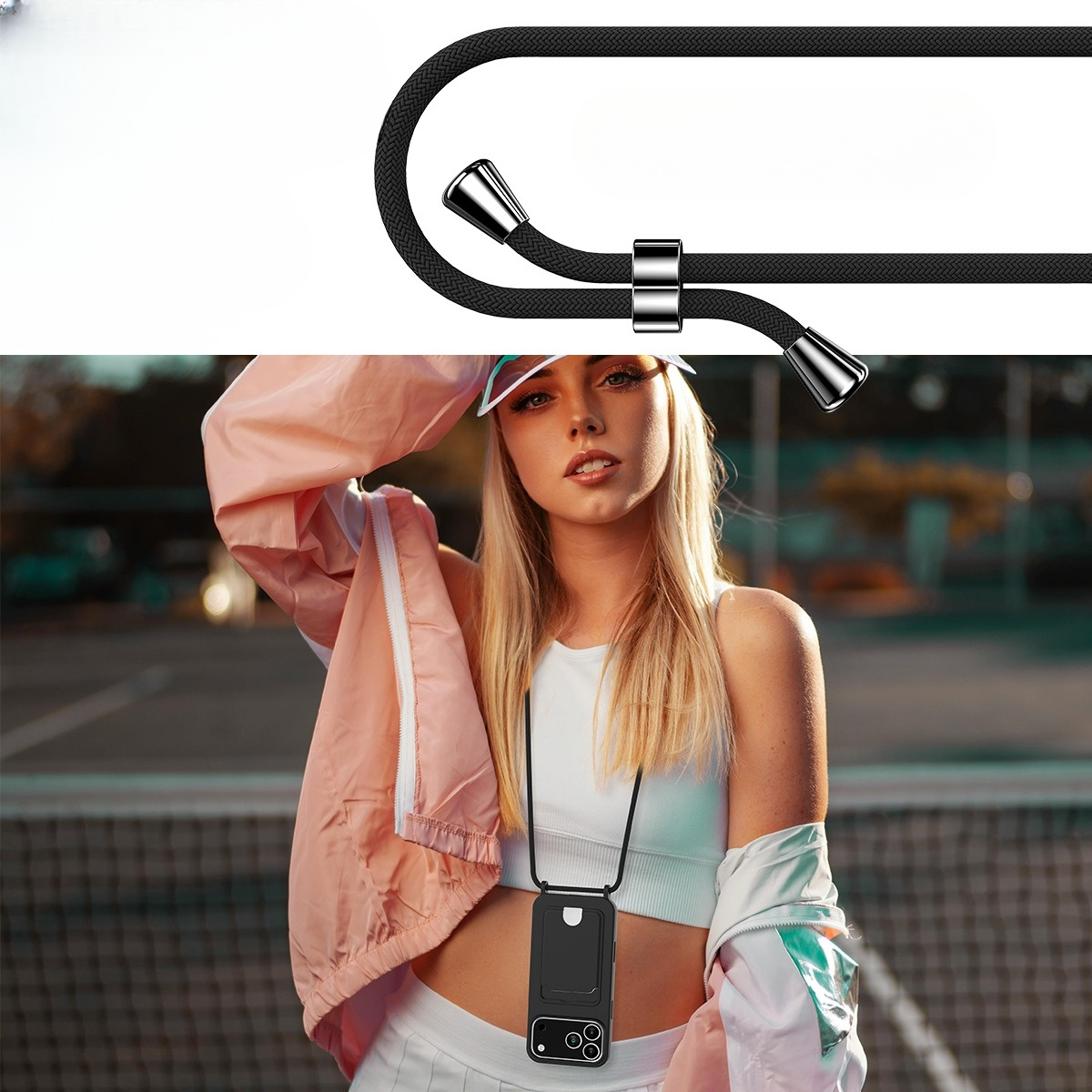 iPhone 17 Pro Necklace Silikon Hülle mit Kartenfach   Handykette (160cm) - Schwarz