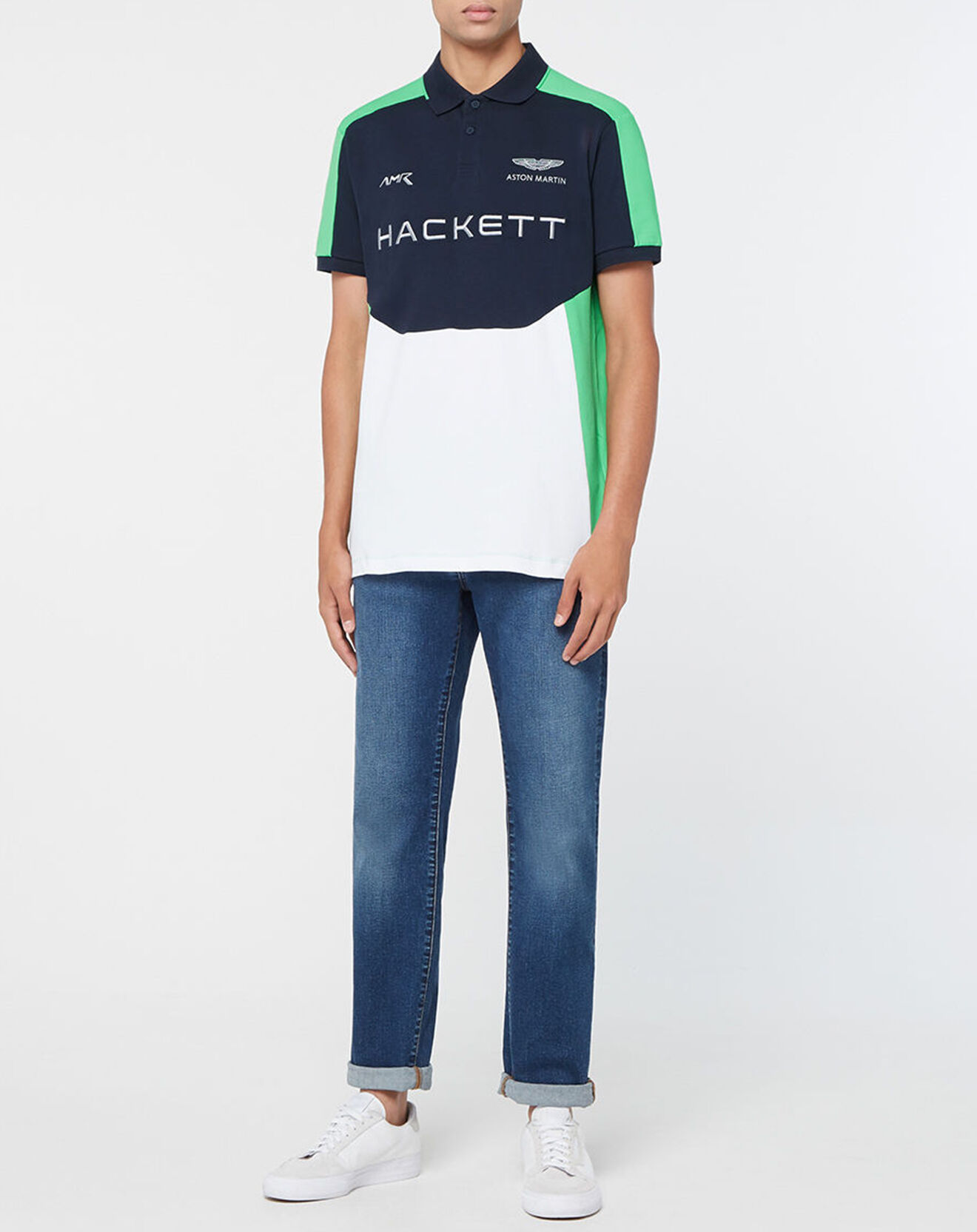 Hackett London Polo Droit Multi Patch Aston Martin Racing bleu/blanc/vert fluo
