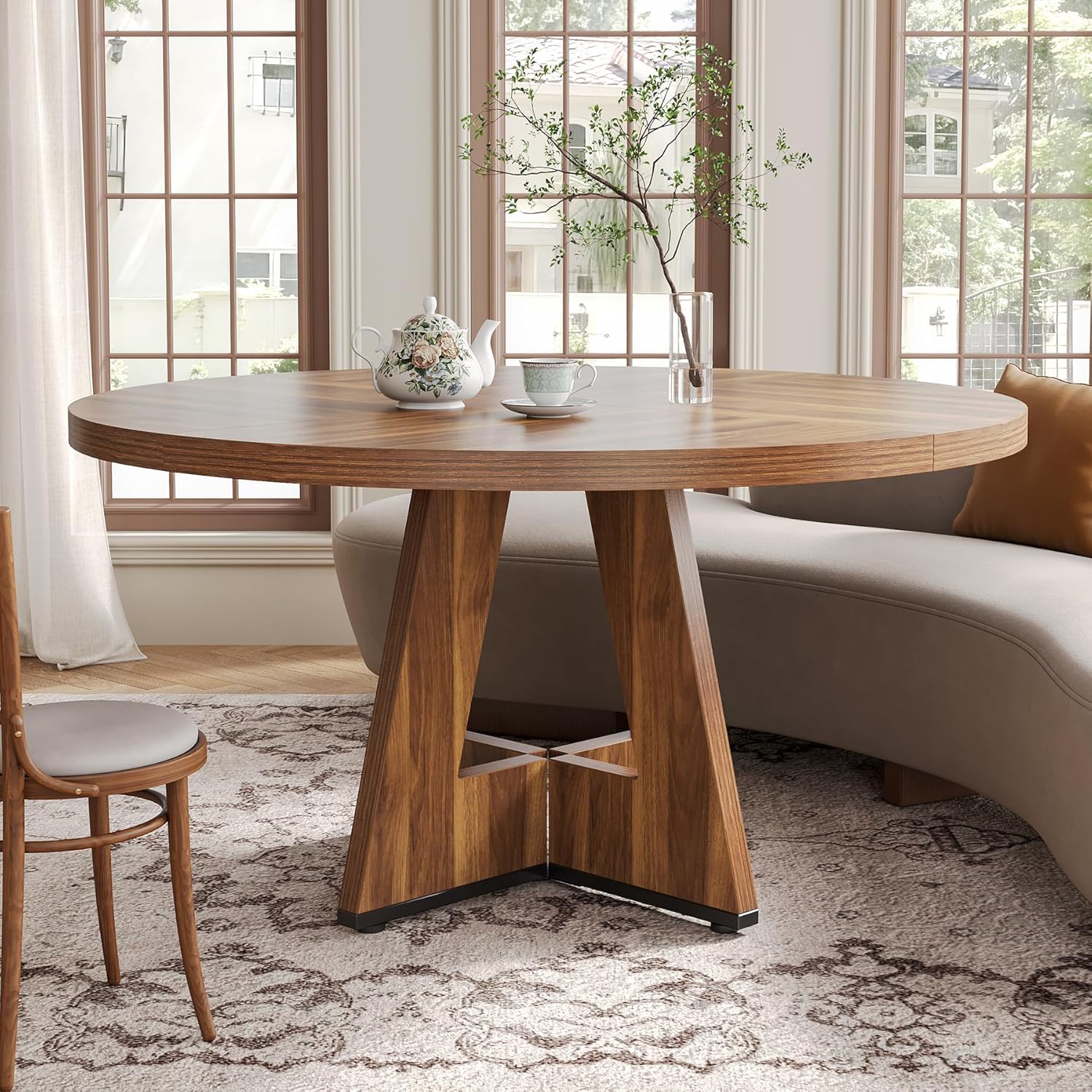 LITTLE TREE Runder Esstisch für 4–6 Personen, 120 cm Esszimmertisch mit Holzsockel, brauner Esstisch, runder Küchentisch für Esszimmer, Küche, Wohnzimmer (nur Tisch)