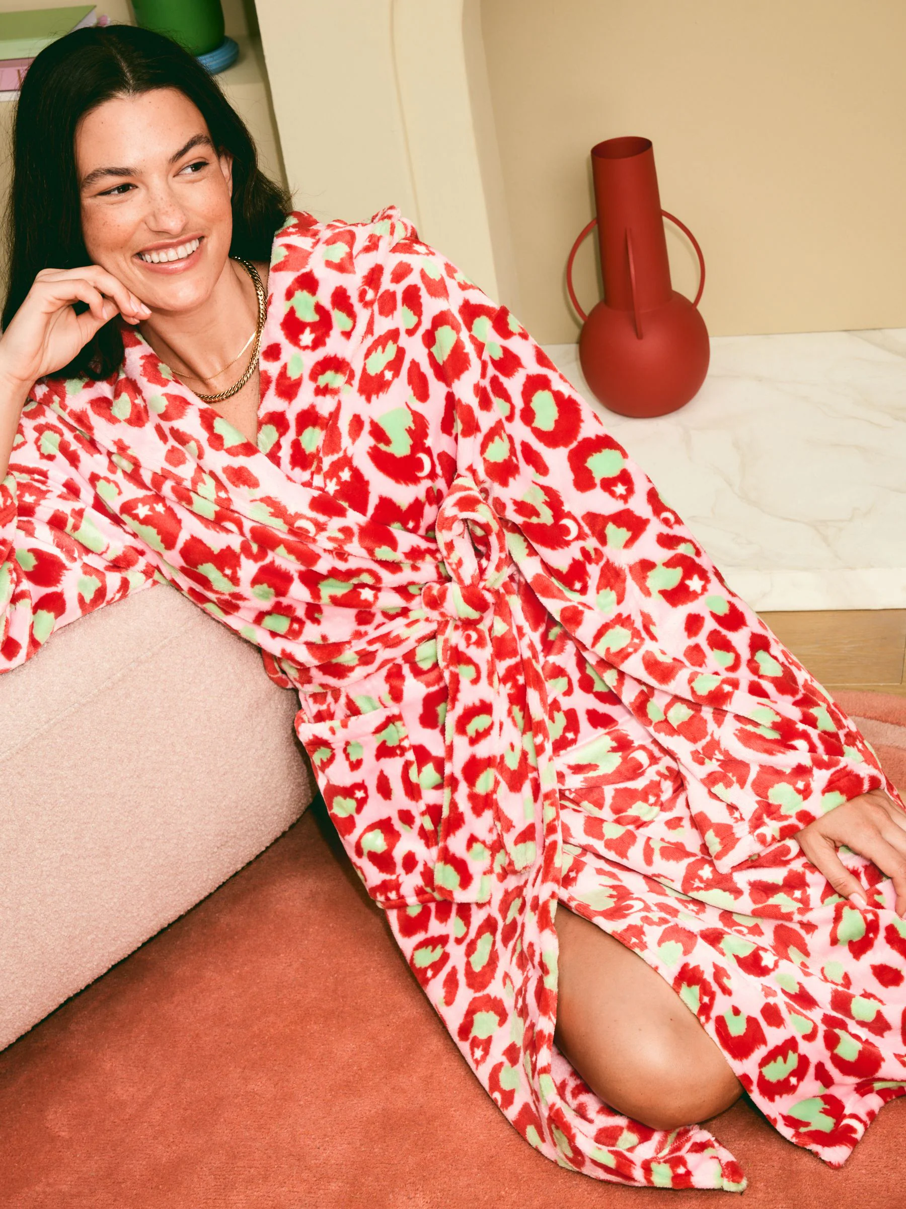 Roze met groen - Eleanor Bowmer Leopard Print Fleece Robe
