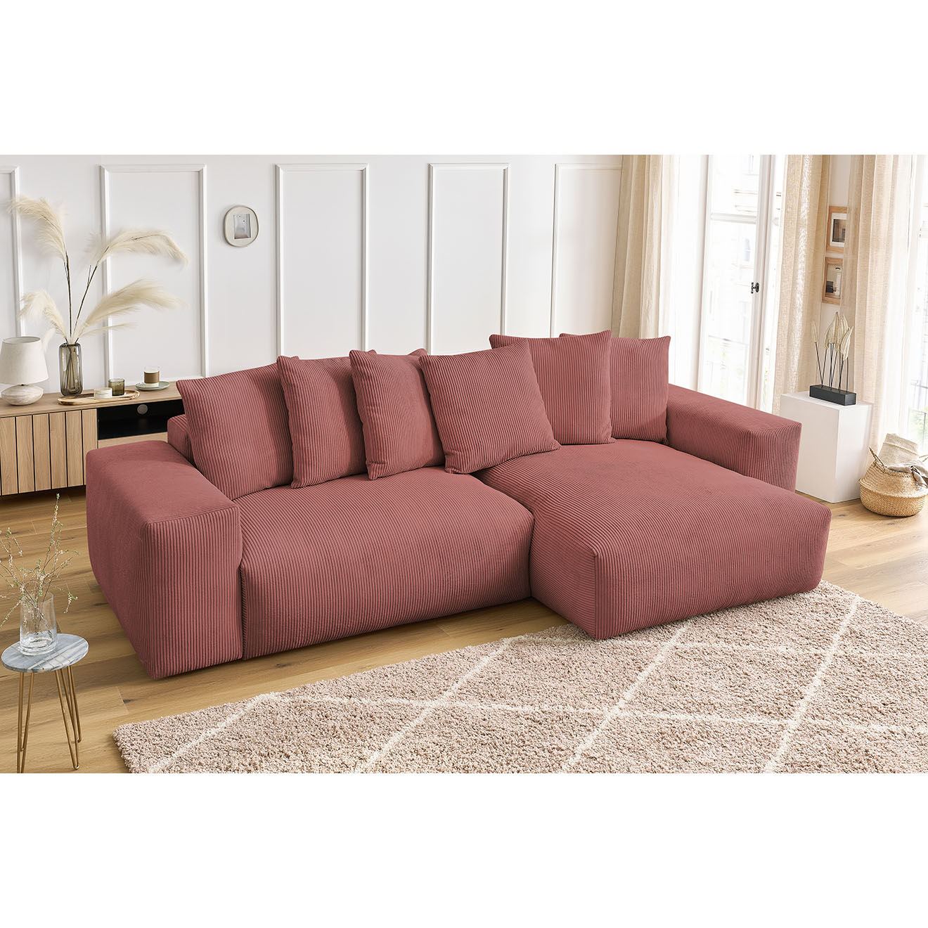 Bobochic Canapé d'angle réversible ultra moelleux voltaire velours côtelé rose - 310x174x75 cm