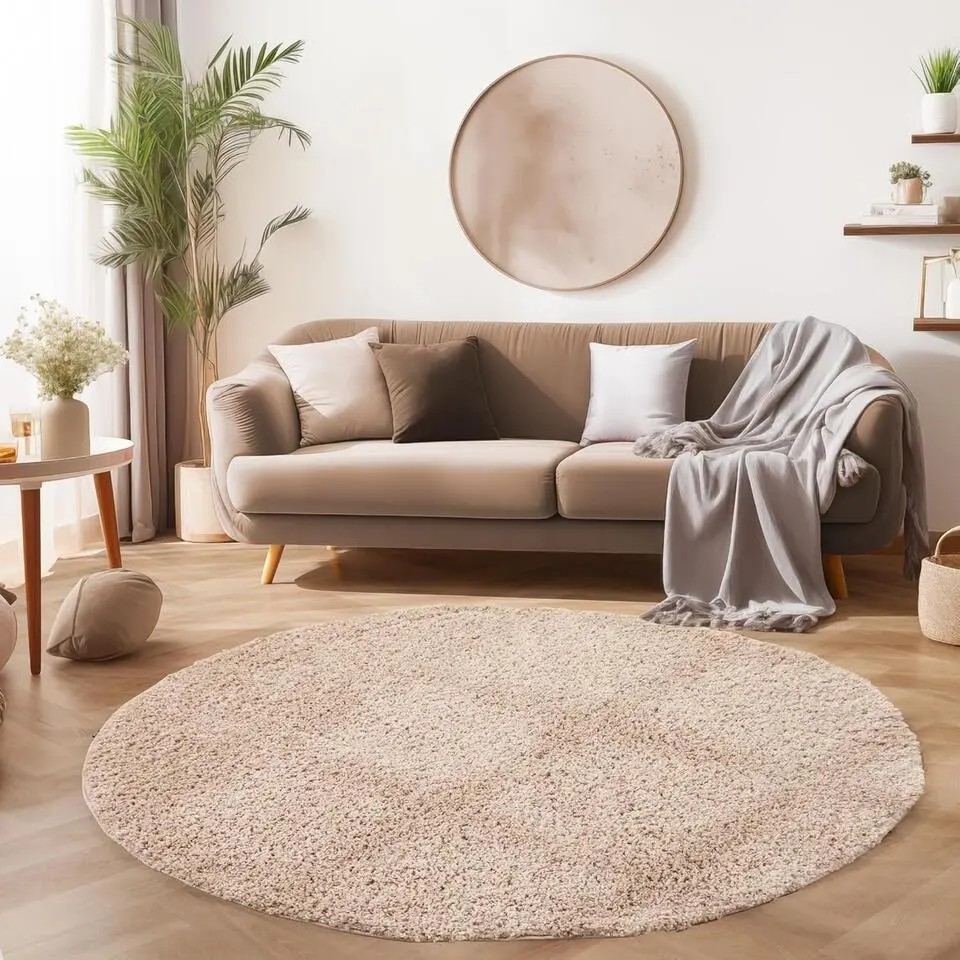 Basic Rond Shaggy vloerkleed Beige Hoogpolig - 200 CM ROND